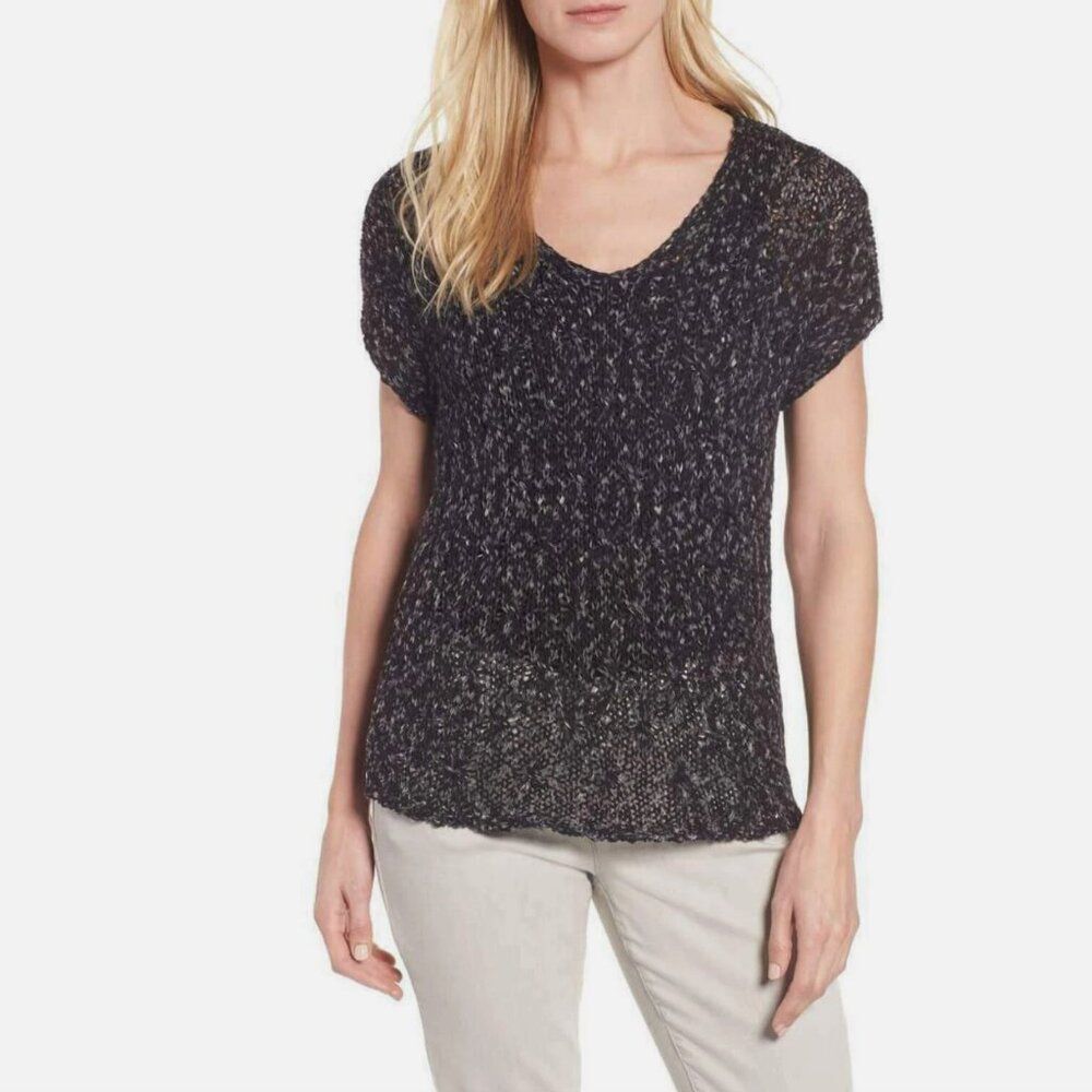 Eileen Fisher Women's Open Knit Organic Cotton Short Sleeve Sweater Black Medium